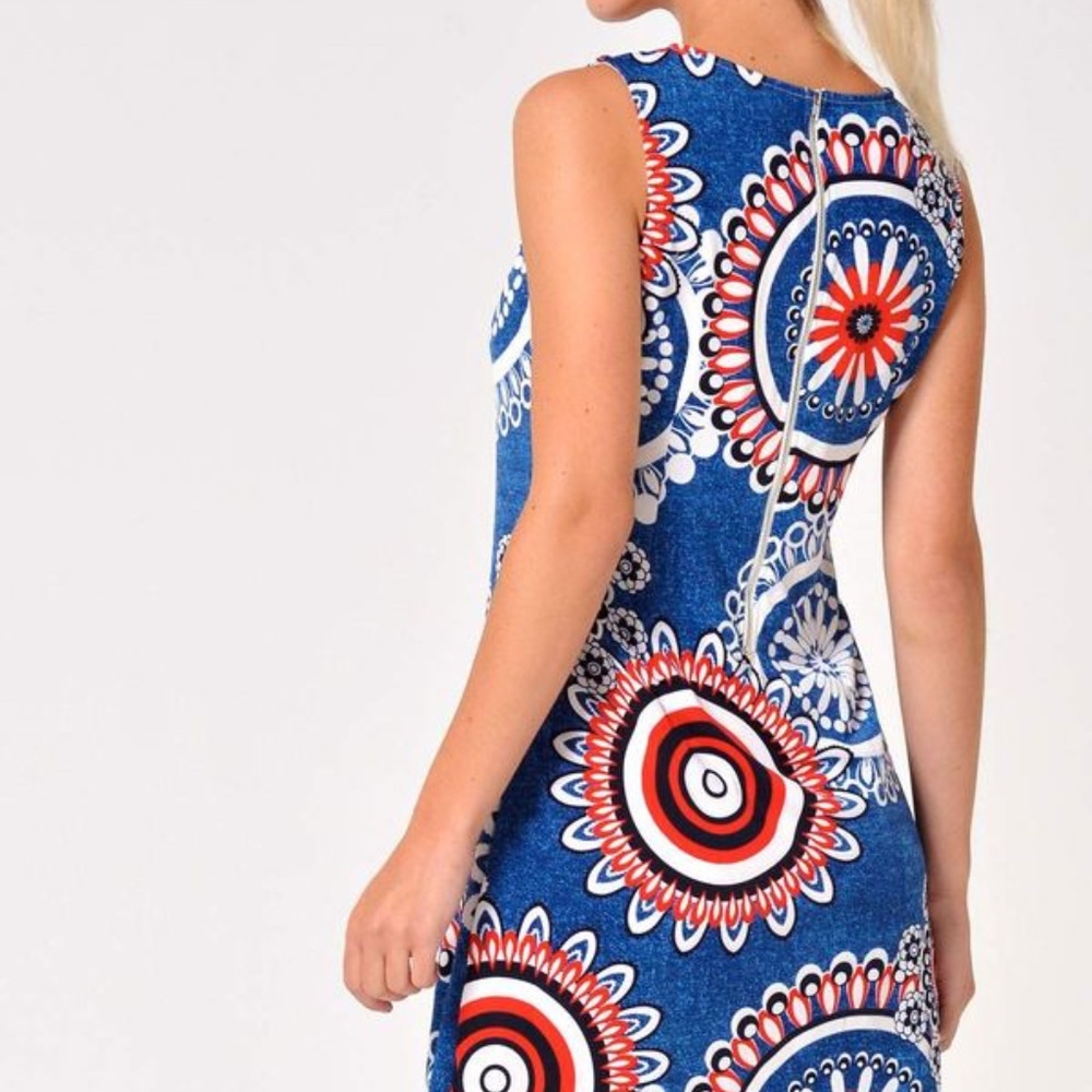 PAPILLION RETRO SHEATH DRESS COLORFUL BOLD BOHO PRINT RED BLUE WHITE SZ L - Picture 6 of 6